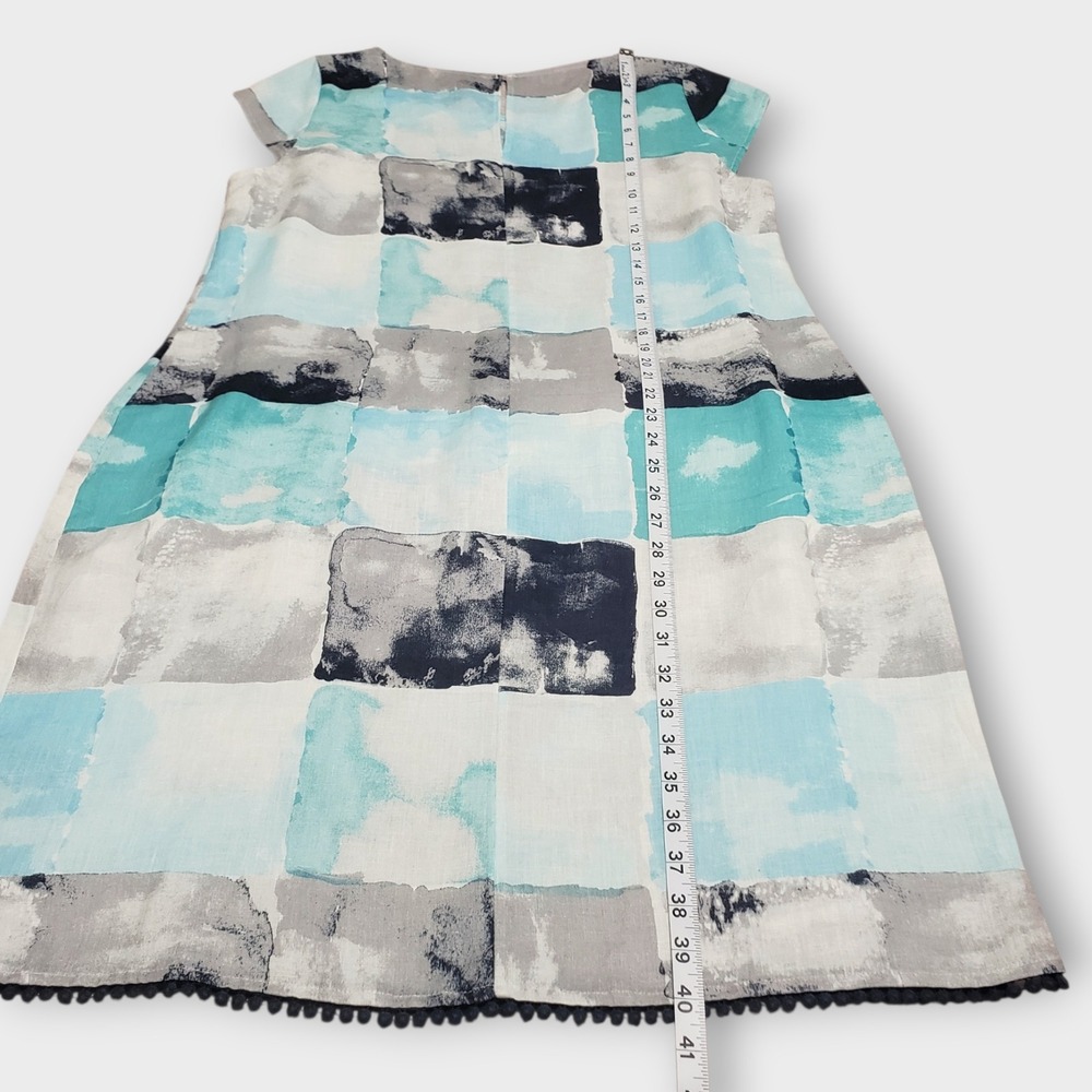 FOIL 100% Linen Abstract Block Print Shift Dress Blue Pom Pom Hem Sz 14 - Picture 11 of 11